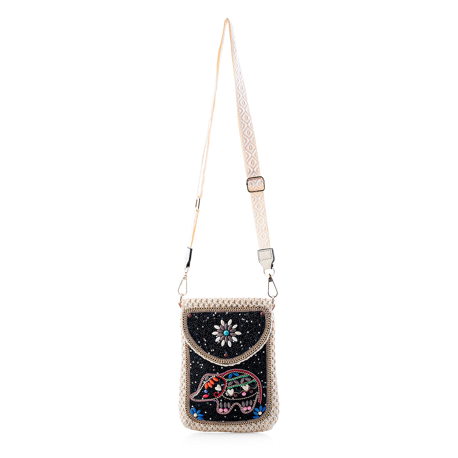 Black with Elephant Pattern Woven Crossbody Bag with Shoulder Strap