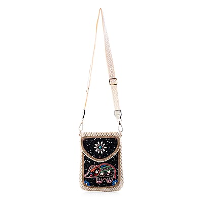 Black with Elephant Pattern Woven Crossbody Bag with Shoulder Strap