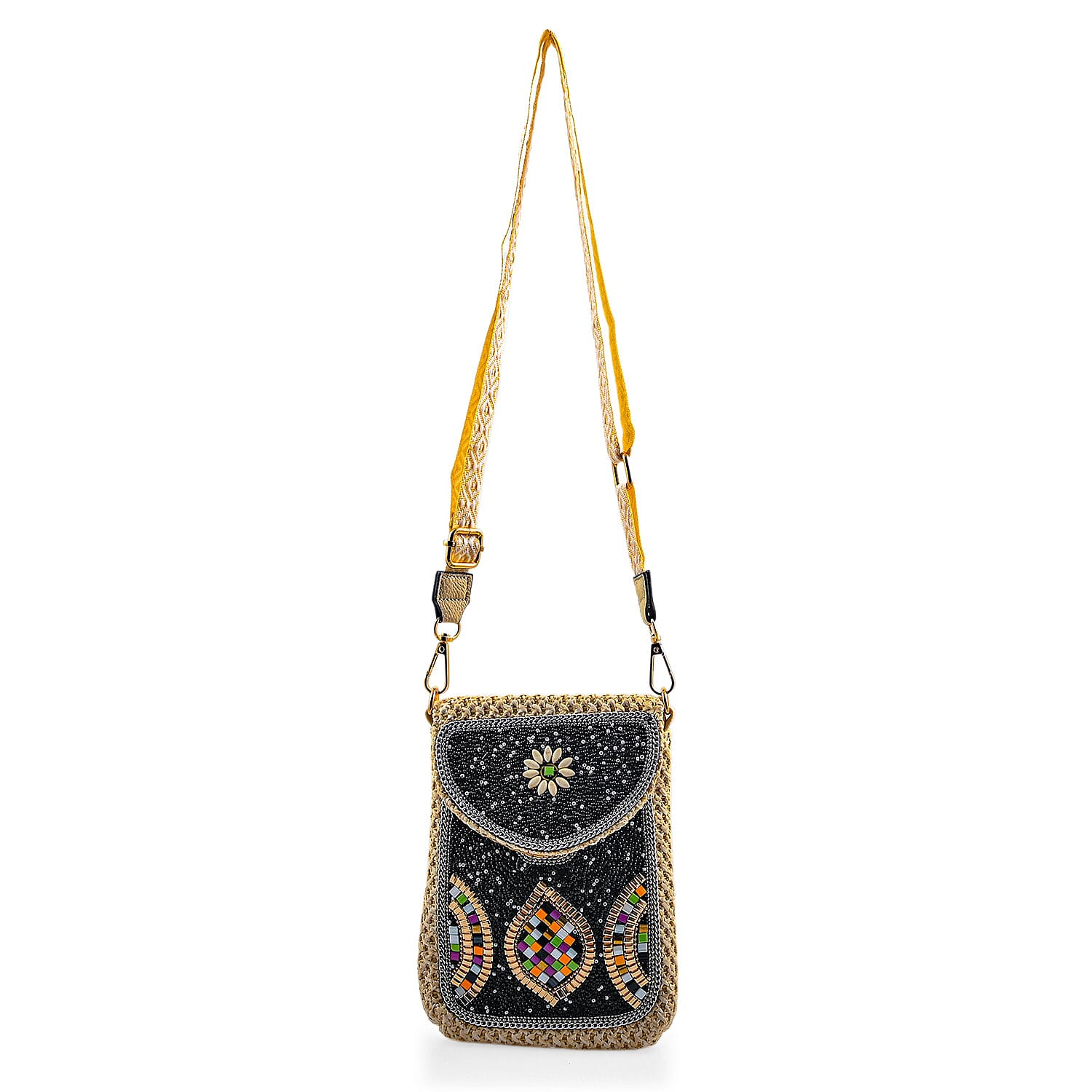 Black with Mosaic Pattern Woven Crossbody Bag with Shoulder Strap