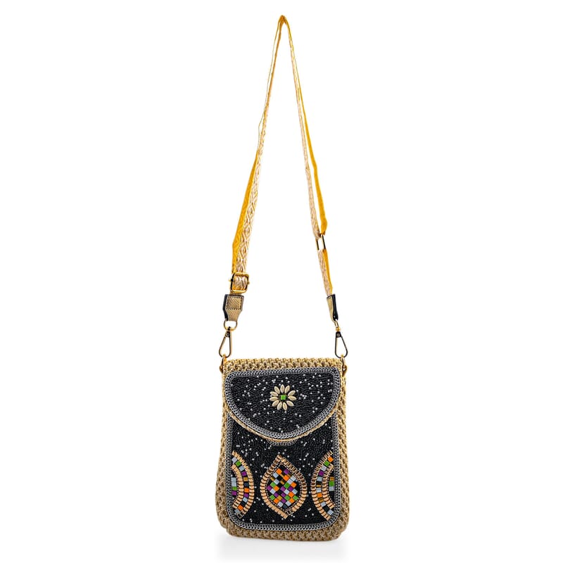 Black with Mosaic Pattern Woven Crossbody Bag with Shoulder Strap