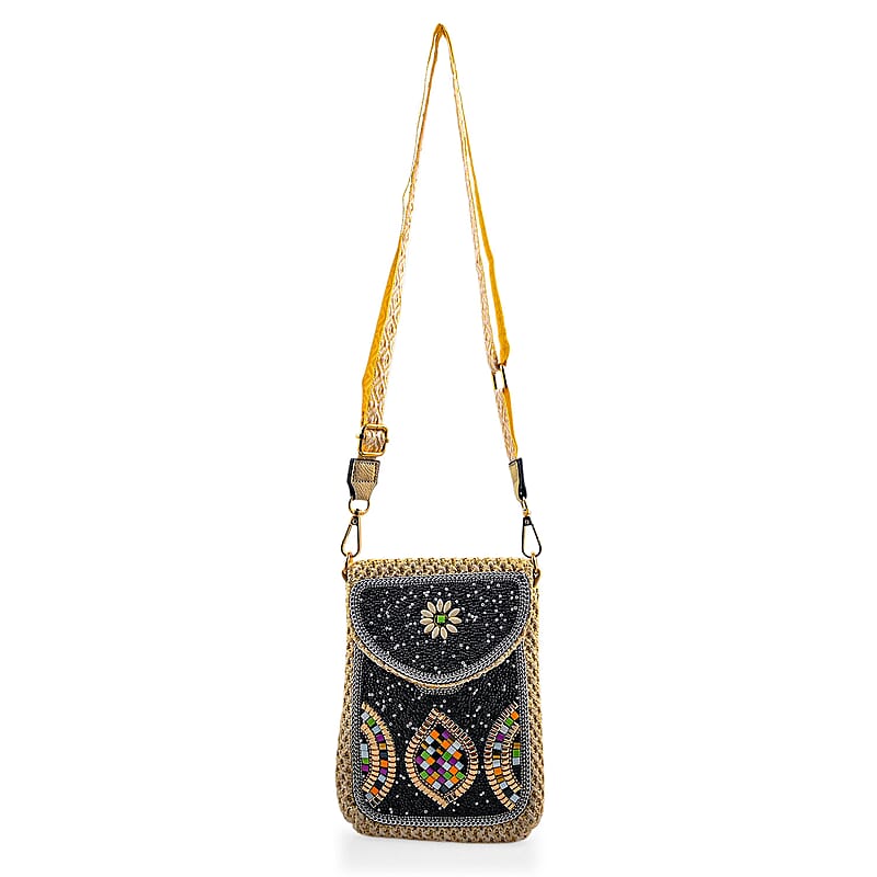 Black with Mosaic Pattern Woven Crossbody Bag with Shoulder Strap
