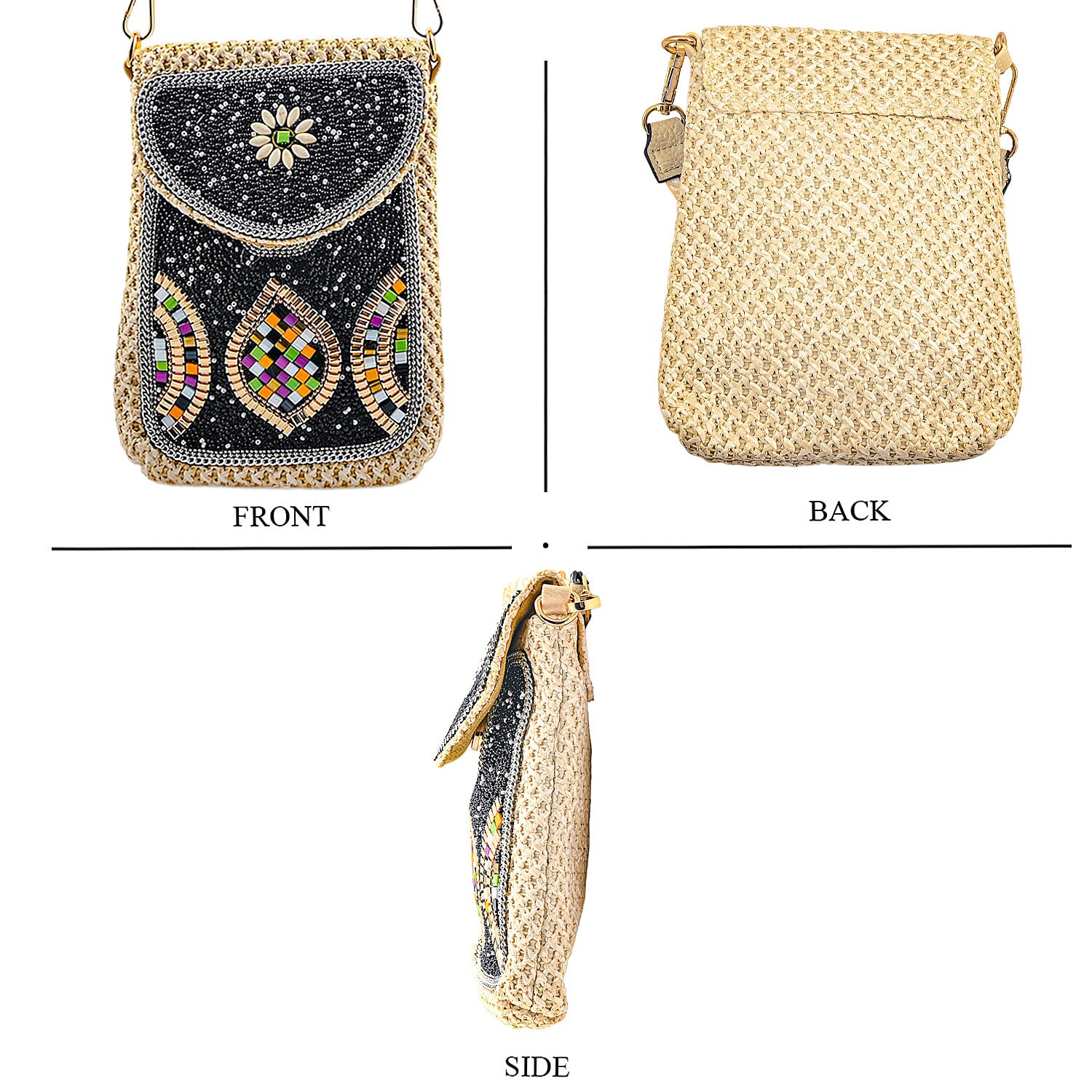 Black with Mosaic Pattern Woven Crossbody Bag with Shoulder Strap