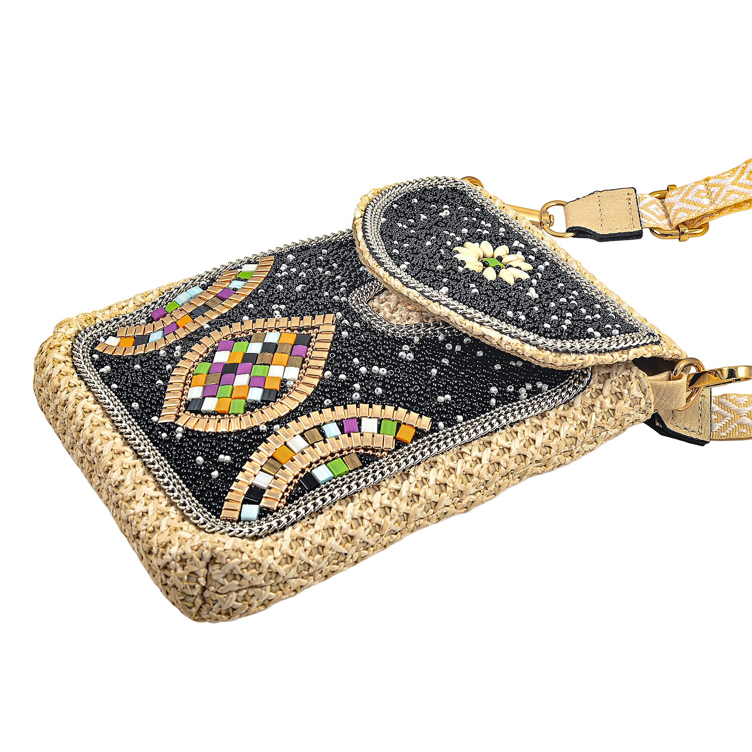 Black with Mosaic Pattern Woven Crossbody Bag with Shoulder Strap
