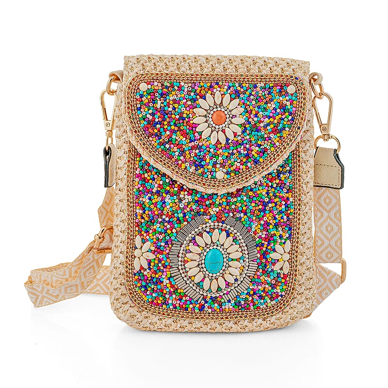 Multi Color with Flower Pattern Woven Crossbody Bag with Shoulder Strap