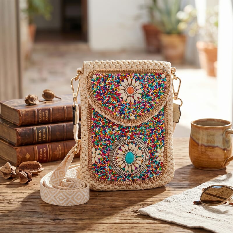 Multi Color with Flower Pattern Woven Crossbody Bag with Shoulder Strap
