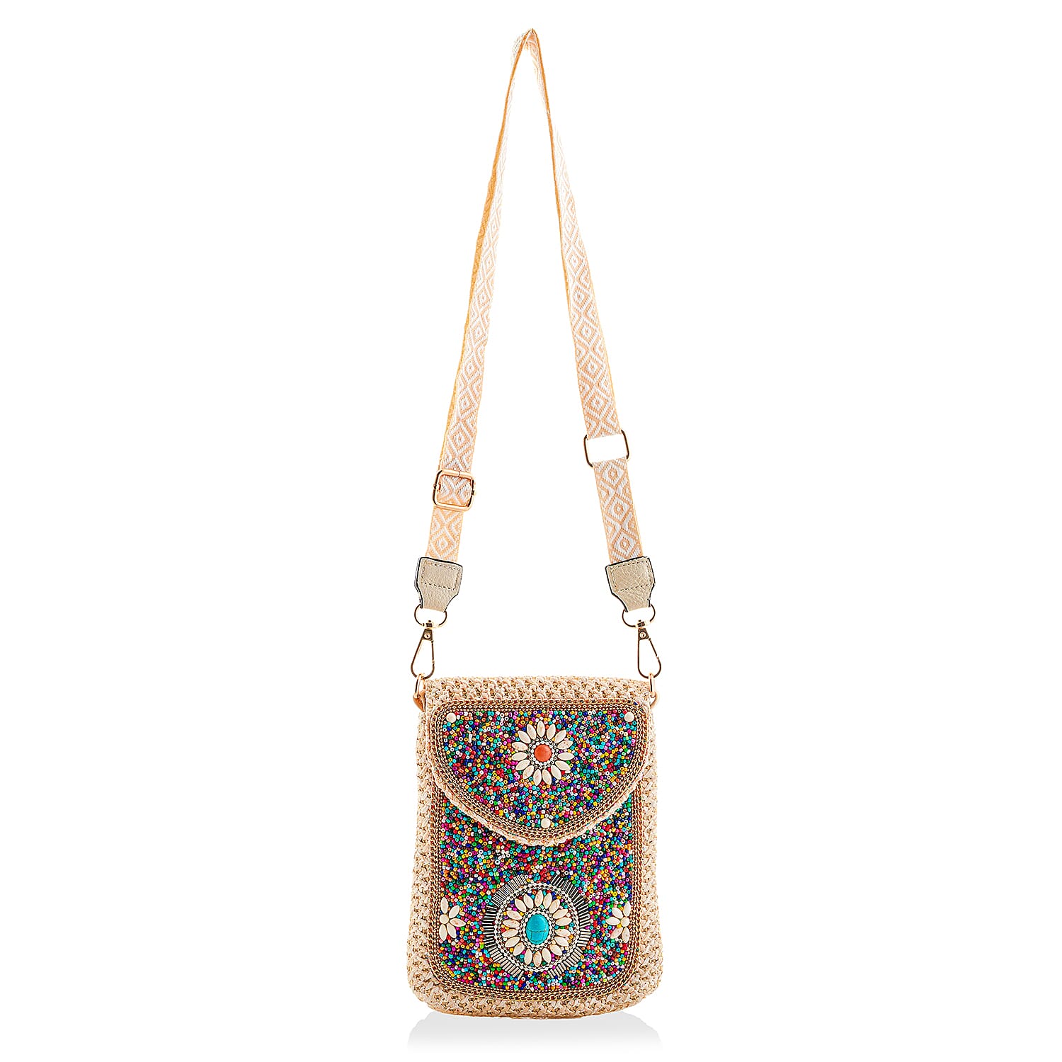 Multi Color with Flower Pattern Woven Crossbody Bag with Shoulder Strap