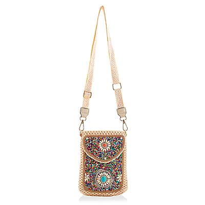 Multi Color with Flower Pattern Woven Crossbody Bag with Shoulder Strap