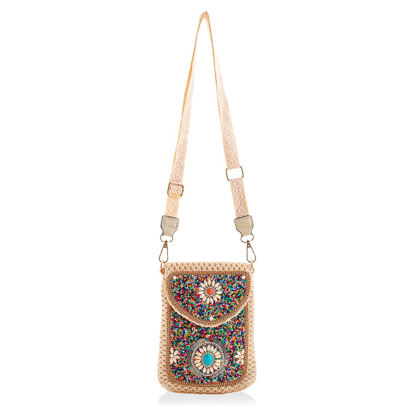 Multi Color with Flower Pattern Woven Crossbody Bag with Shoulder Strap