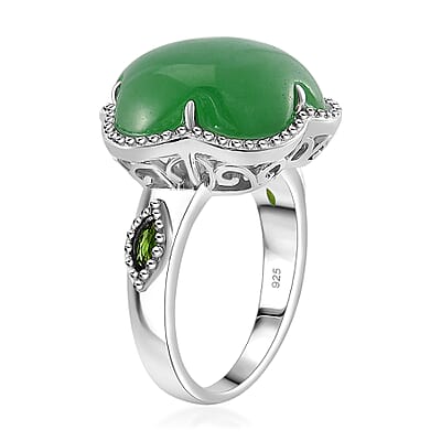 Green Jade(D) and Chrome Diopside 15.80 ctw Cherry Blossom Ring in Rhodium Over Sterling Silver (Size 10.0) 
