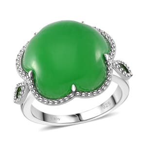 Green Jade(D) and Chrome Diopside 15.80 ctw Cherry Blossom Ring in Rhodium Over Sterling Silver (Size 11.0) 