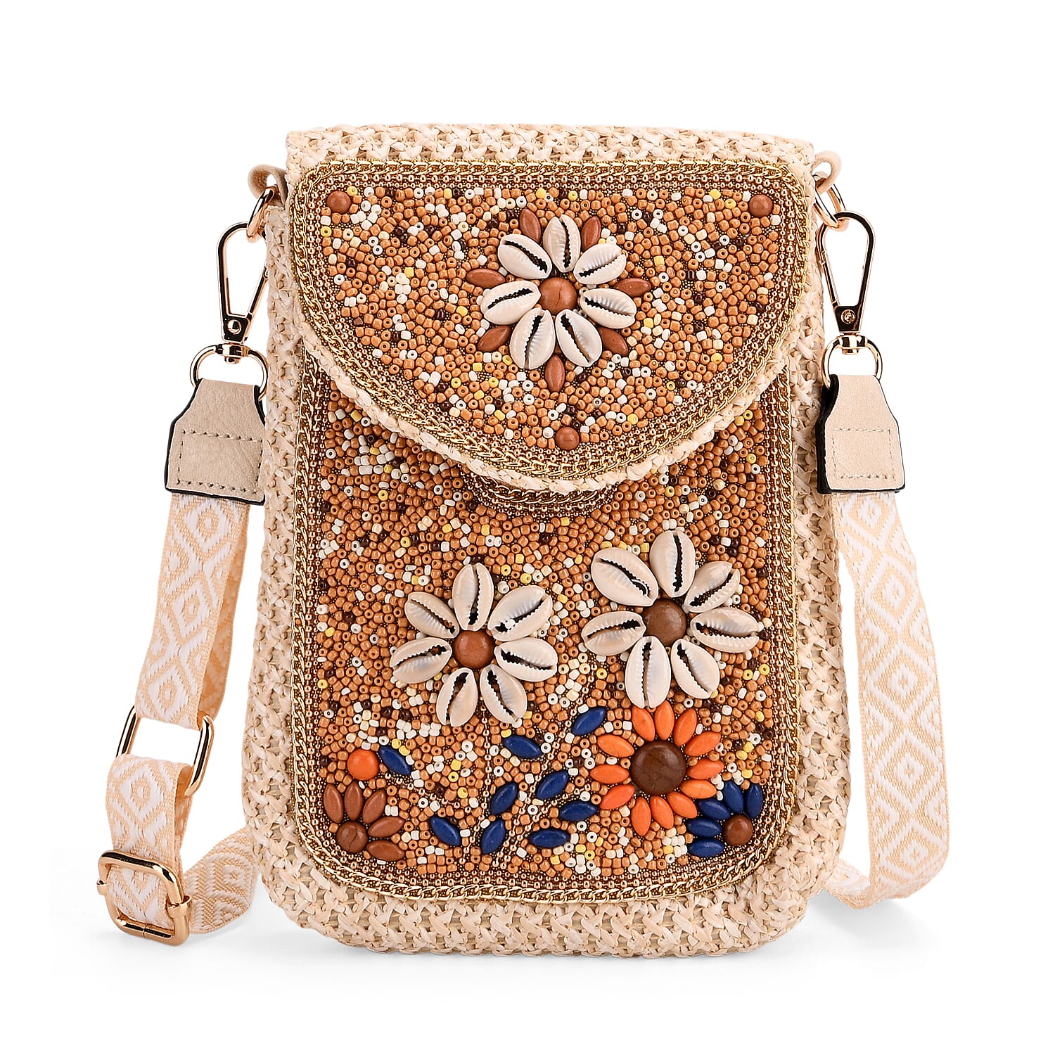 Khaki with Flower Pattern Woven Crossbody Bag with Shoulder Strap