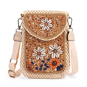 Khaki with Flower Pattern Woven Crossbody Bag with Shoulder Strap
