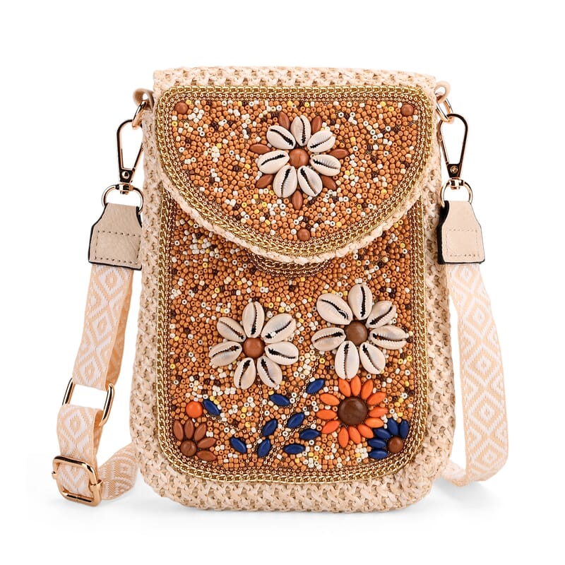 Khaki with Flower Pattern Woven Crossbody Bag with Shoulder Strap