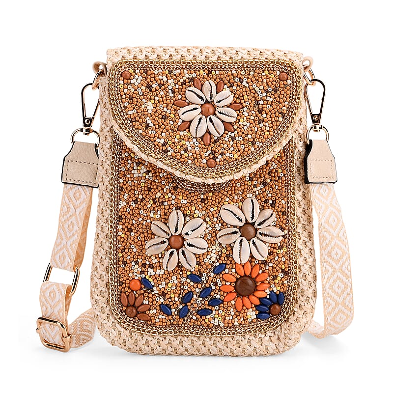 Khaki with Flower Pattern Woven Crossbody Bag with Shoulder Strap
