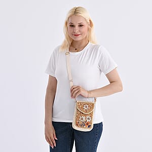 Khaki with Flower Pattern Woven Crossbody Bag with Shoulder Strap