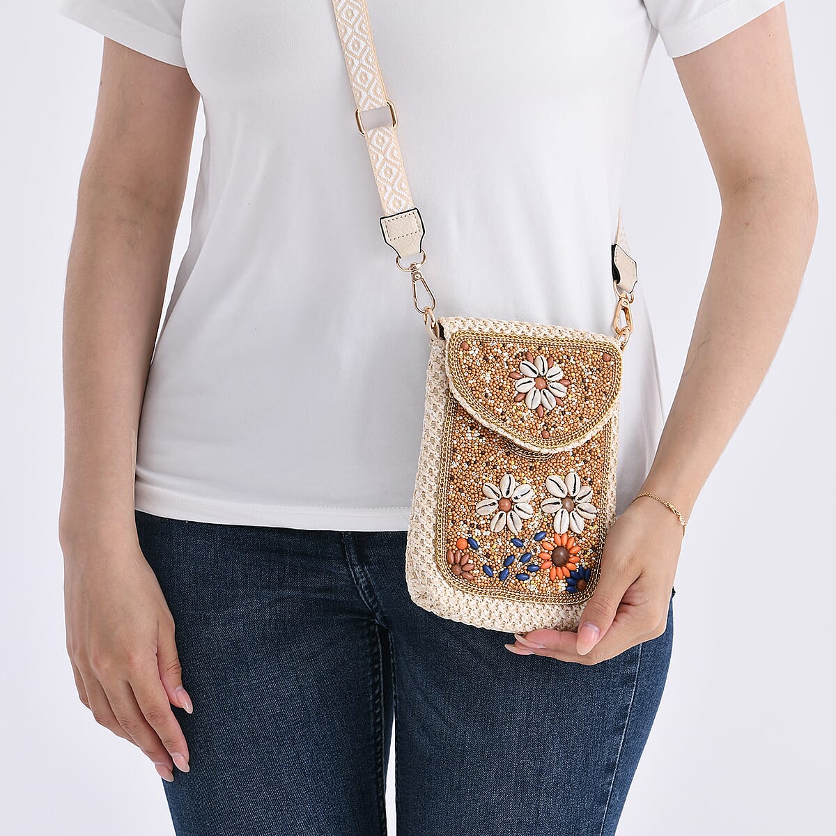 Khaki with Flower Pattern Woven Crossbody Bag with Shoulder Strap image number 2