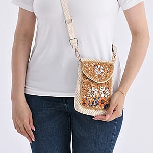 Khaki with Flower Pattern Woven Crossbody Bag with Shoulder Strap