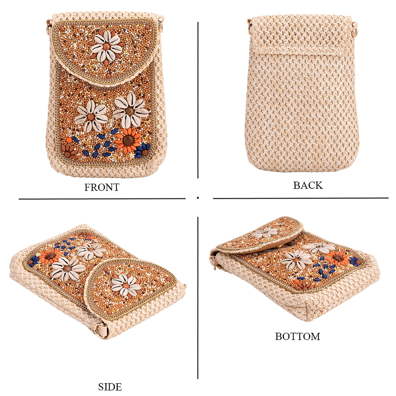 Khaki with Flower Pattern Woven Crossbody Bag with Shoulder Strap