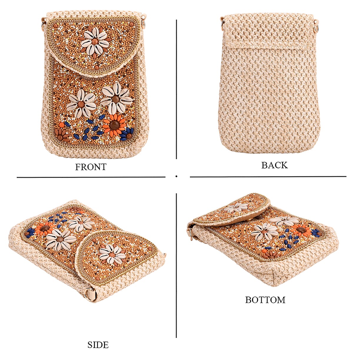 Khaki with Flower Pattern Woven Crossbody Bag with Shoulder Strap image number 3