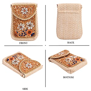 Khaki with Flower Pattern Woven Crossbody Bag with Shoulder Strap