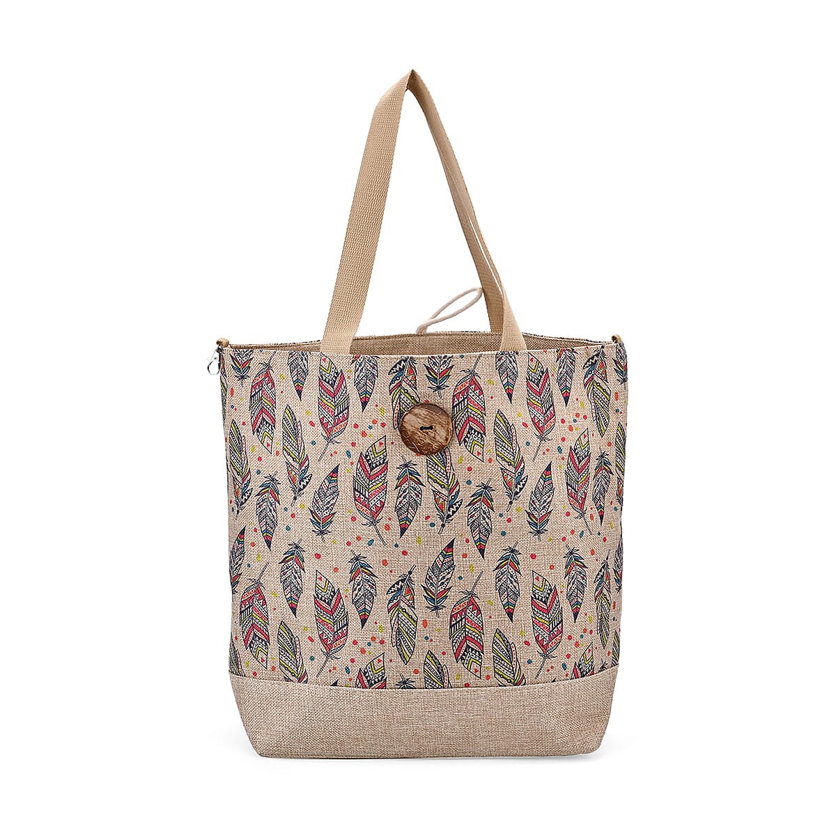 Beige with Multi Color Leaves Pattern 100% Polyester Tote Bag image number 0