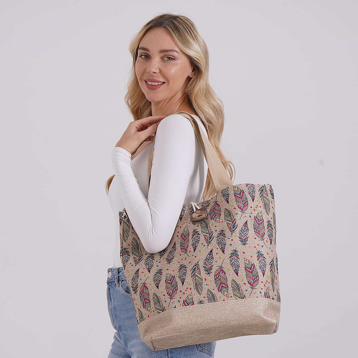 Beige with Multi Color Leaves Pattern 100% Polyester Tote Bag image number 1