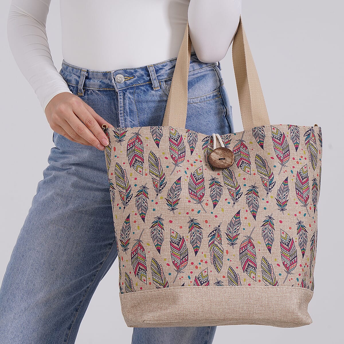 Beige with Multi Color Leaves Pattern 100% Polyester Tote Bag image number 2
