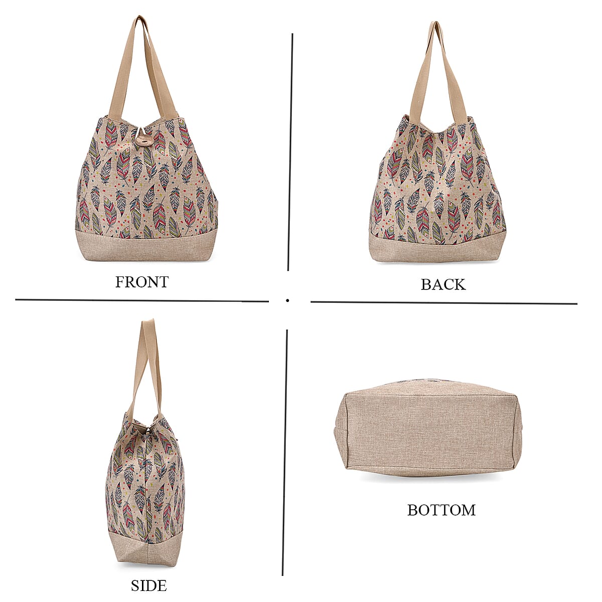 Beige with Multi Color Leaves Pattern 100% Polyester Tote Bag image number 3