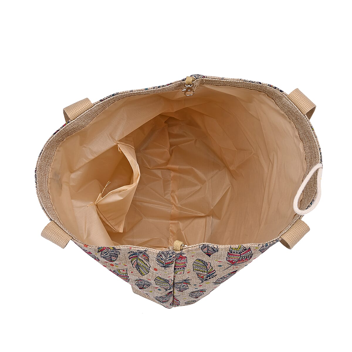Beige with Multi Color Leaves Pattern 100% Polyester Tote Bag image number 4