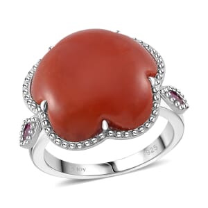 Red Jade (D) and Niassa Ruby (FF) 16.40 ctw Cherry Blossom Ring in Rhodium Over Sterling Silver (Size 7.0) 