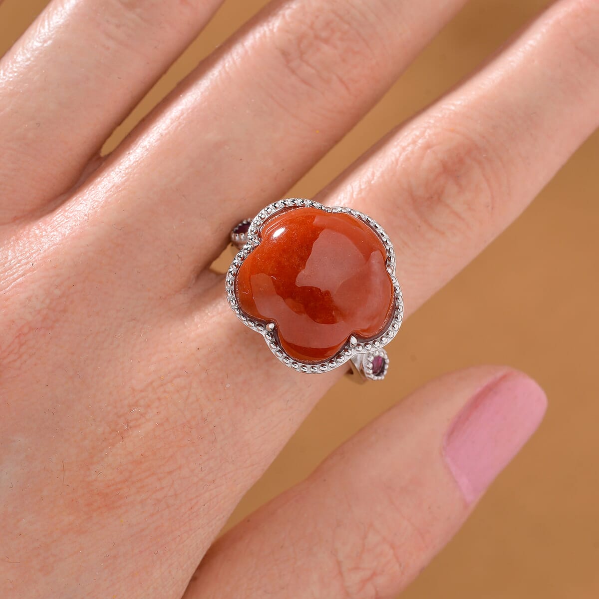 Red Jade (D) and Niassa Ruby (FF) 16.40 ctw Cherry Blossom Ring in Rhodium Over Sterling Silver (Size 7.0)  image number 1