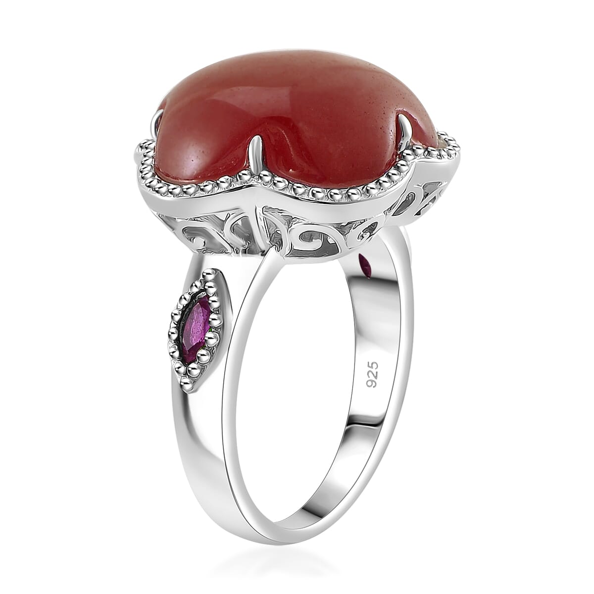 Red Jade (D) and Niassa Ruby (FF) 16.40 ctw Cherry Blossom Ring in Rhodium Over Sterling Silver (Size 7.0)  image number 2