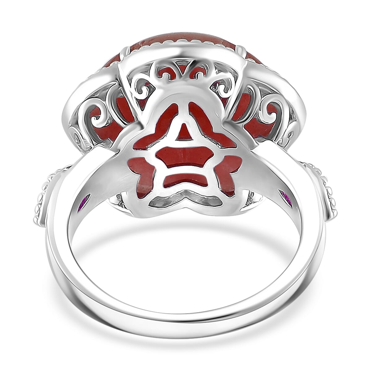 Red Jade (D) and Niassa Ruby (FF) 16.40 ctw Cherry Blossom Ring in Rhodium Over Sterling Silver (Size 7.0)  image number 3
