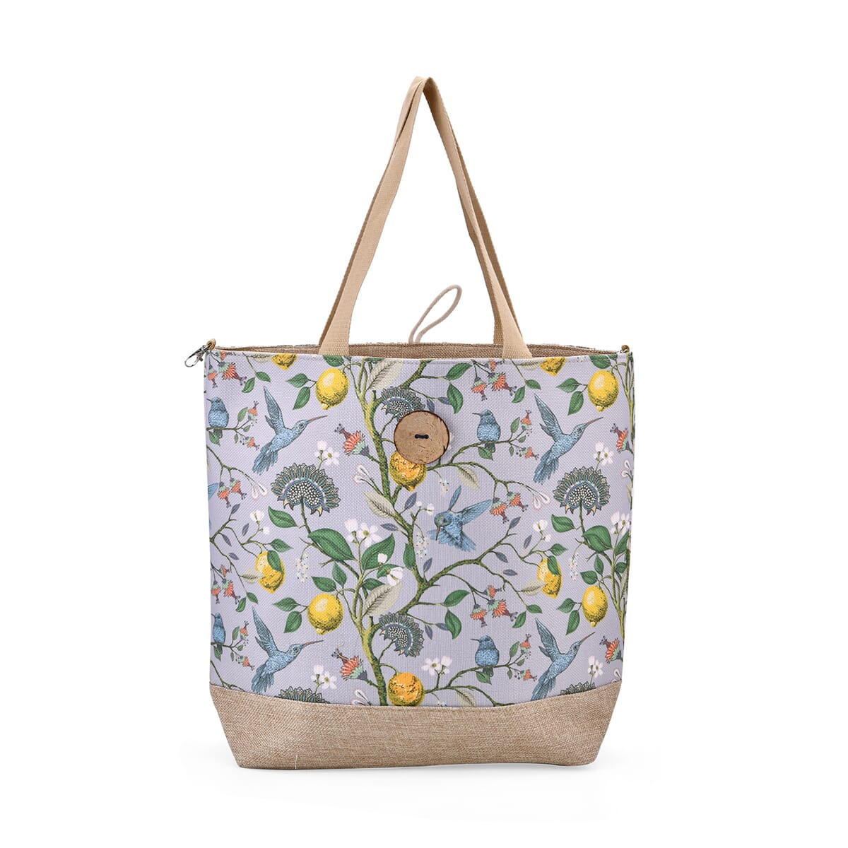 Light Blue with Chrysanthemum and Bird Pattern 100% Polyester Tote Bag image number 0
