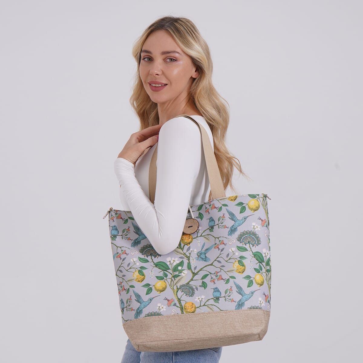 Light Blue with Chrysanthemum and Bird Pattern 100% Polyester Tote Bag image number 1