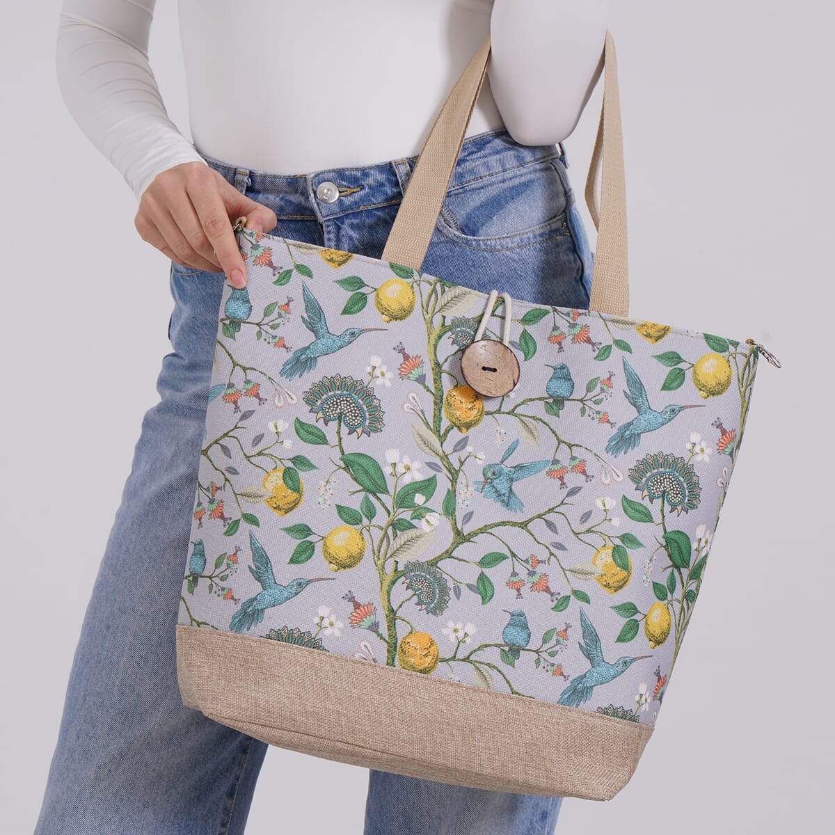Light Blue with Chrysanthemum and Bird Pattern 100% Polyester Tote Bag image number 2