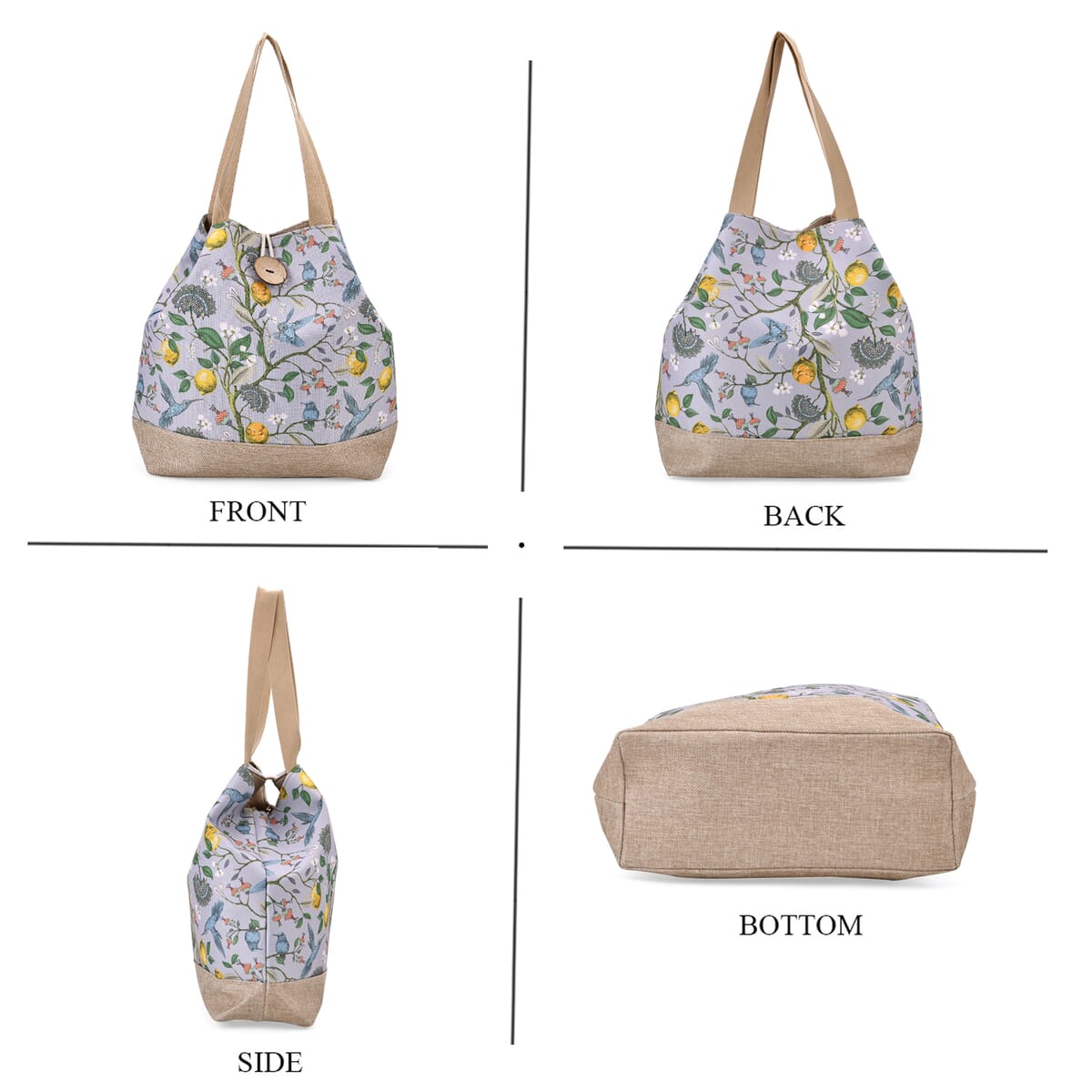 Light Blue with Chrysanthemum and Bird Pattern 100% Polyester Tote Bag image number 3