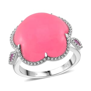 Pink Jade(D) and Pink Sapphire (FF) 15.15 ctw Cherry Blossom Ring in Rhodium Over Sterling Silver (Size 10.0)