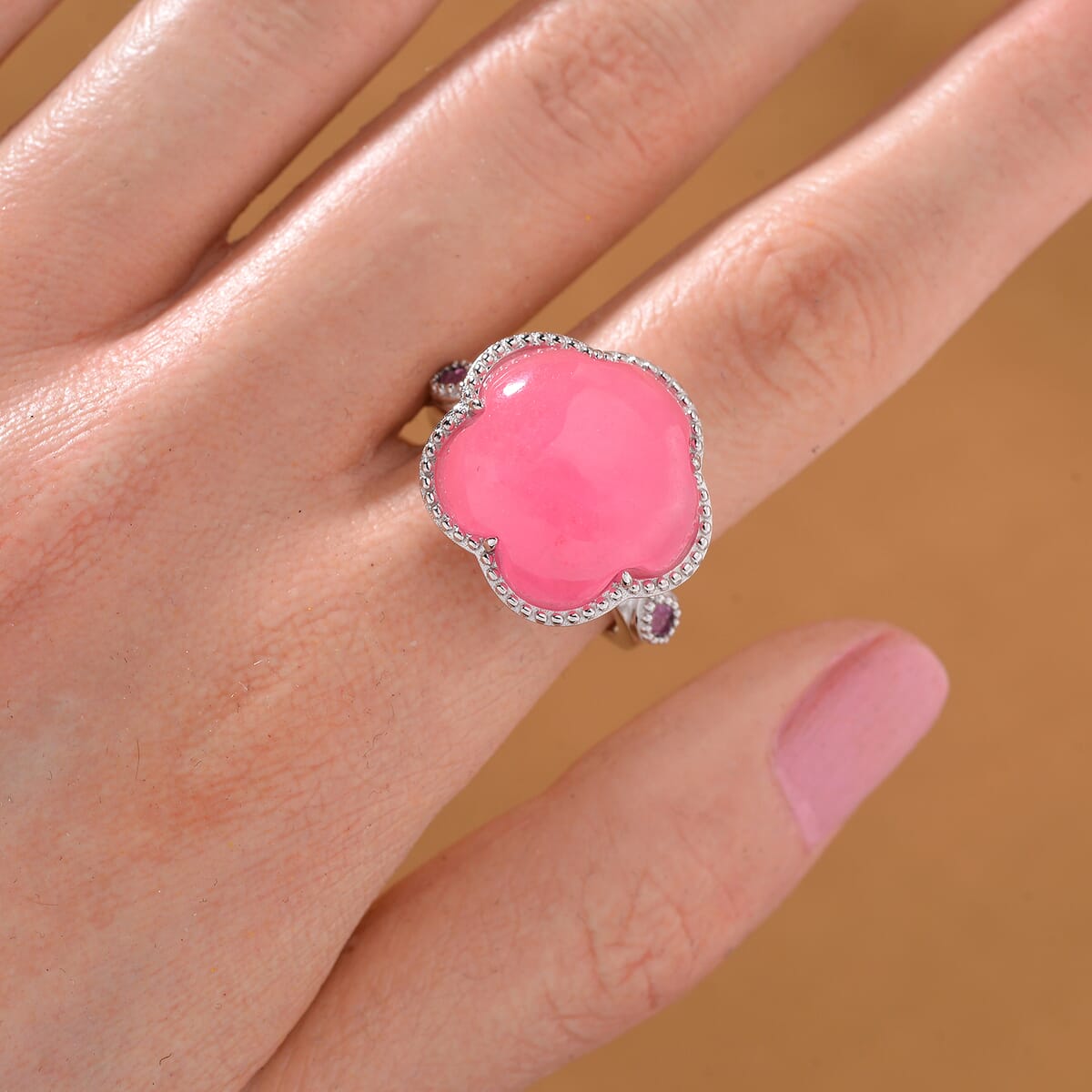 Pink Jade(D) and Pink Sapphire (FF) 15.15 ctw Cherry Blossom Ring in Rhodium Over Sterling Silver (Size 10.0) image number 1