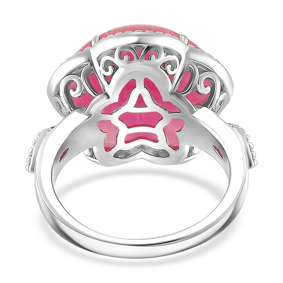 Pink Jade(D) and Pink Sapphire (FF) 15.15 ctw Cherry Blossom Ring in Rhodium Over Sterling Silver (Size 10.0) image number 2