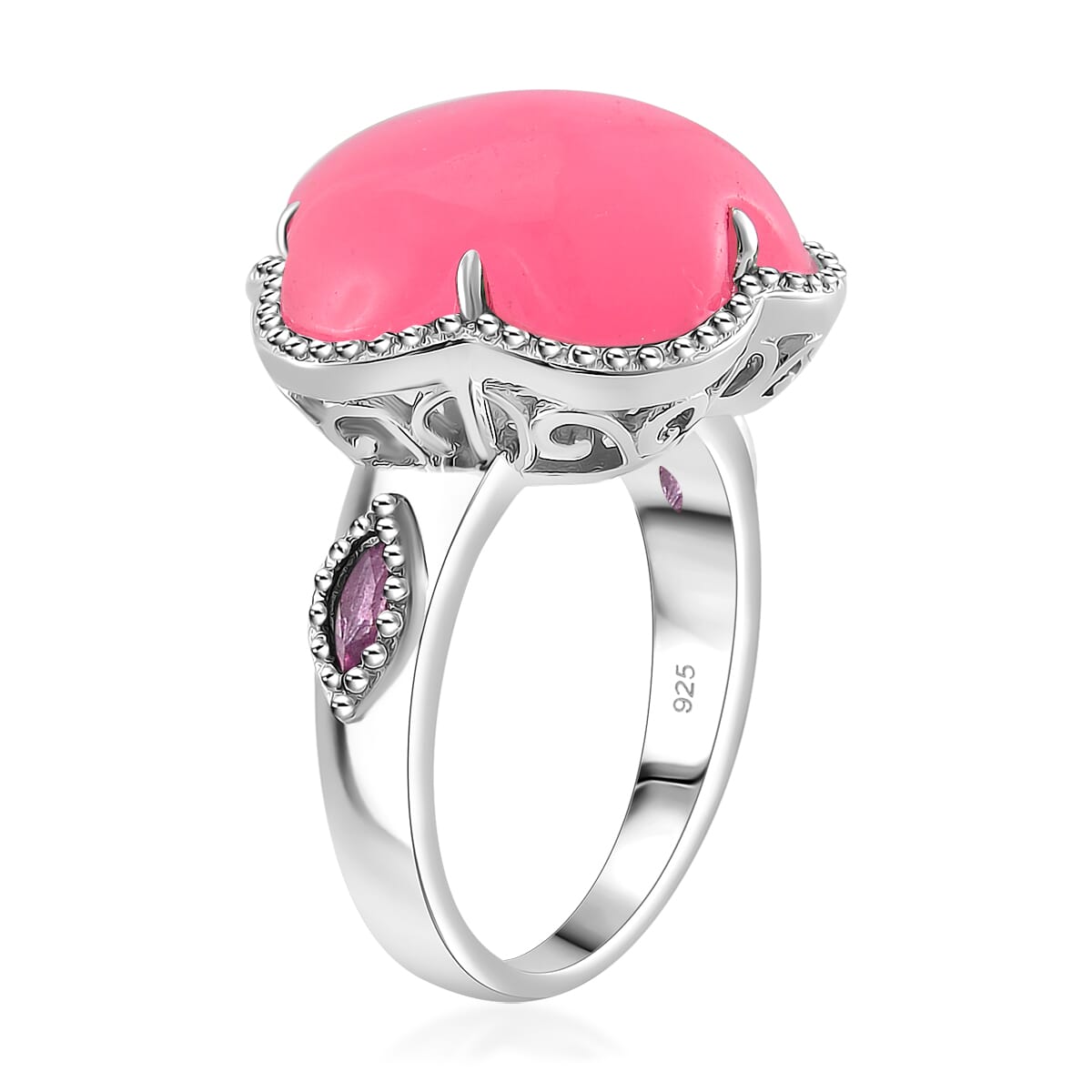 Pink Jade(D) and Pink Sapphire (FF) 15.15 ctw Cherry Blossom Ring in Rhodium Over Sterling Silver (Size 10.0) image number 3