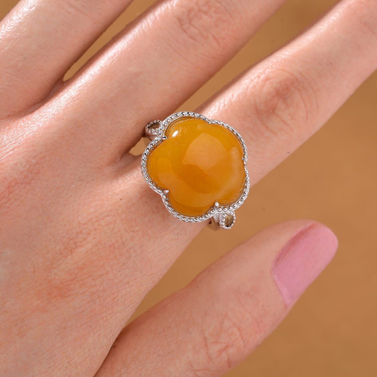 Yellow Jade(D) and Brazilian Citrine 15.90 ctw Cherry Blossom Ring in Rhodium Over Sterling Silver (Size 10.0) image number 1