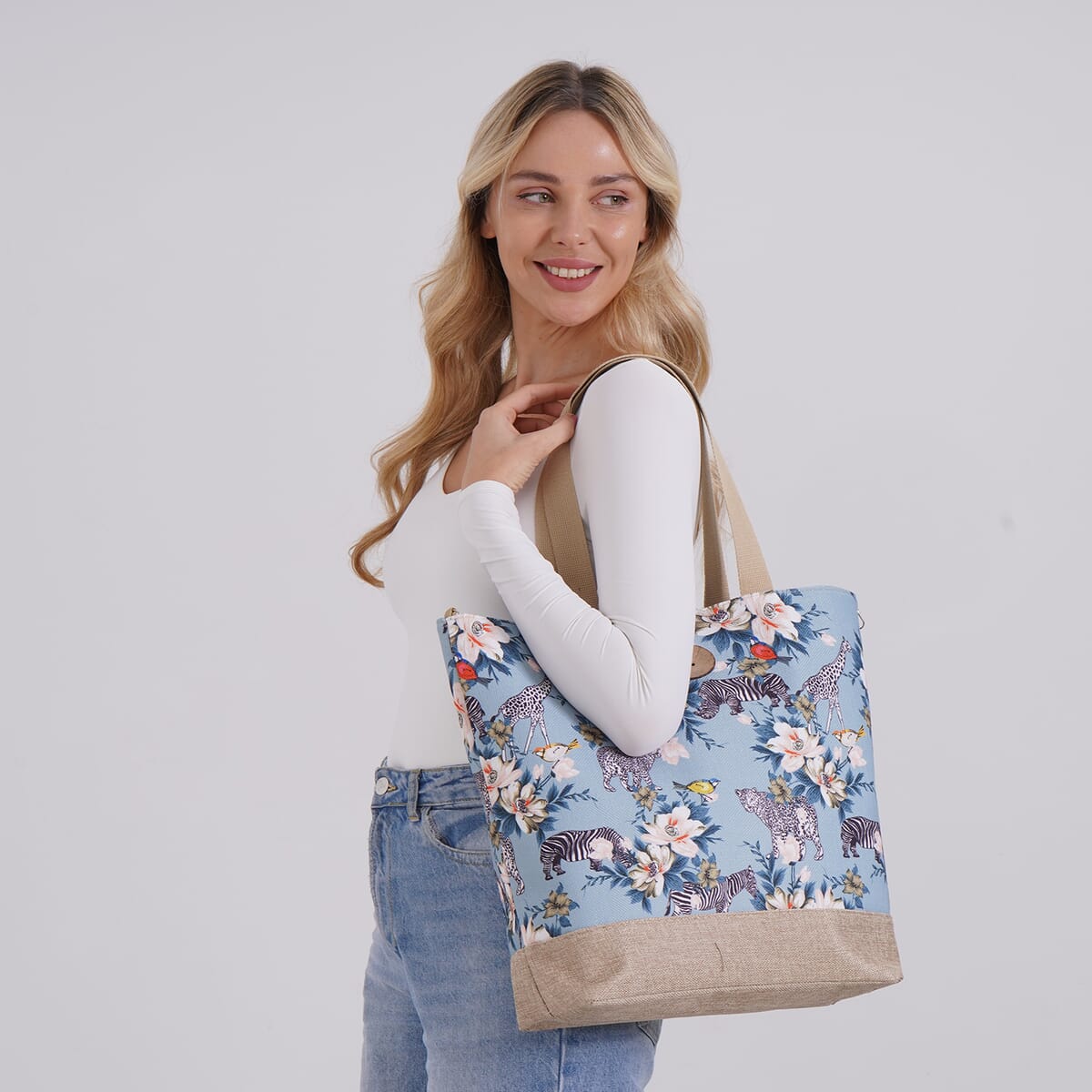 Blue with Flower and Leopard, Zebra Pattern 100% Polyester Tote Bag (12.79x5.51x15.55) image number 1