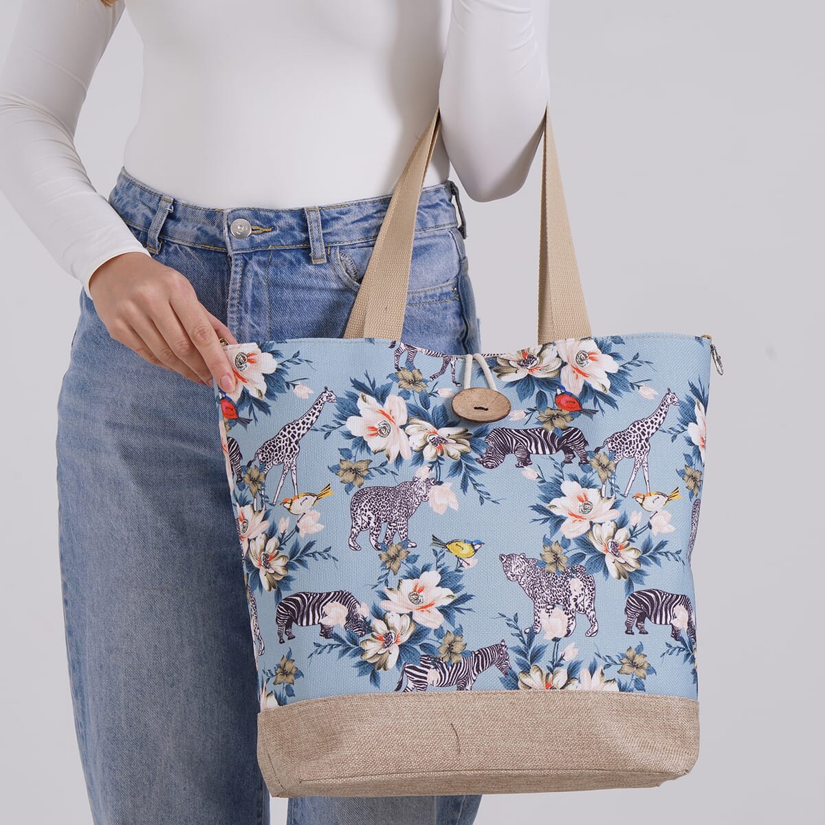 Blue with Flower and Leopard, Zebra Pattern 100% Polyester Tote Bag (12.79x5.51x15.55) image number 2