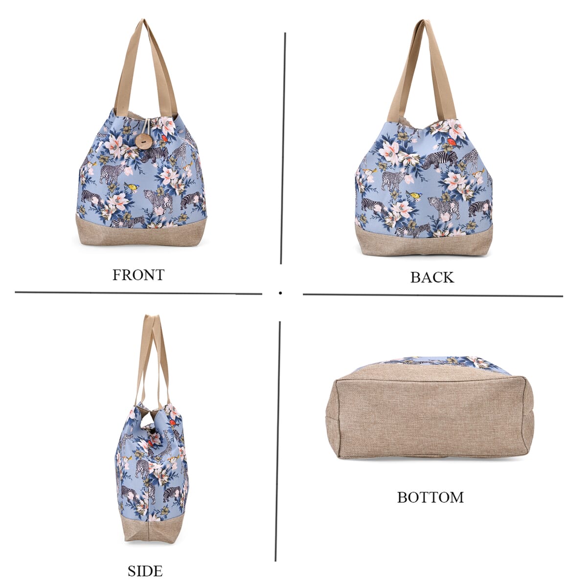 Blue with Flower and Leopard, Zebra Pattern 100% Polyester Tote Bag (12.79x5.51x15.55) image number 3