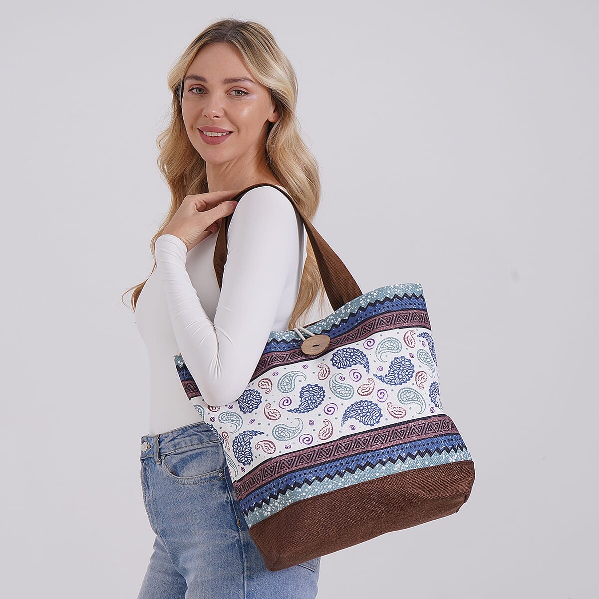 White Paisley Pattern 100% Polyester Tote Bag  image number 1