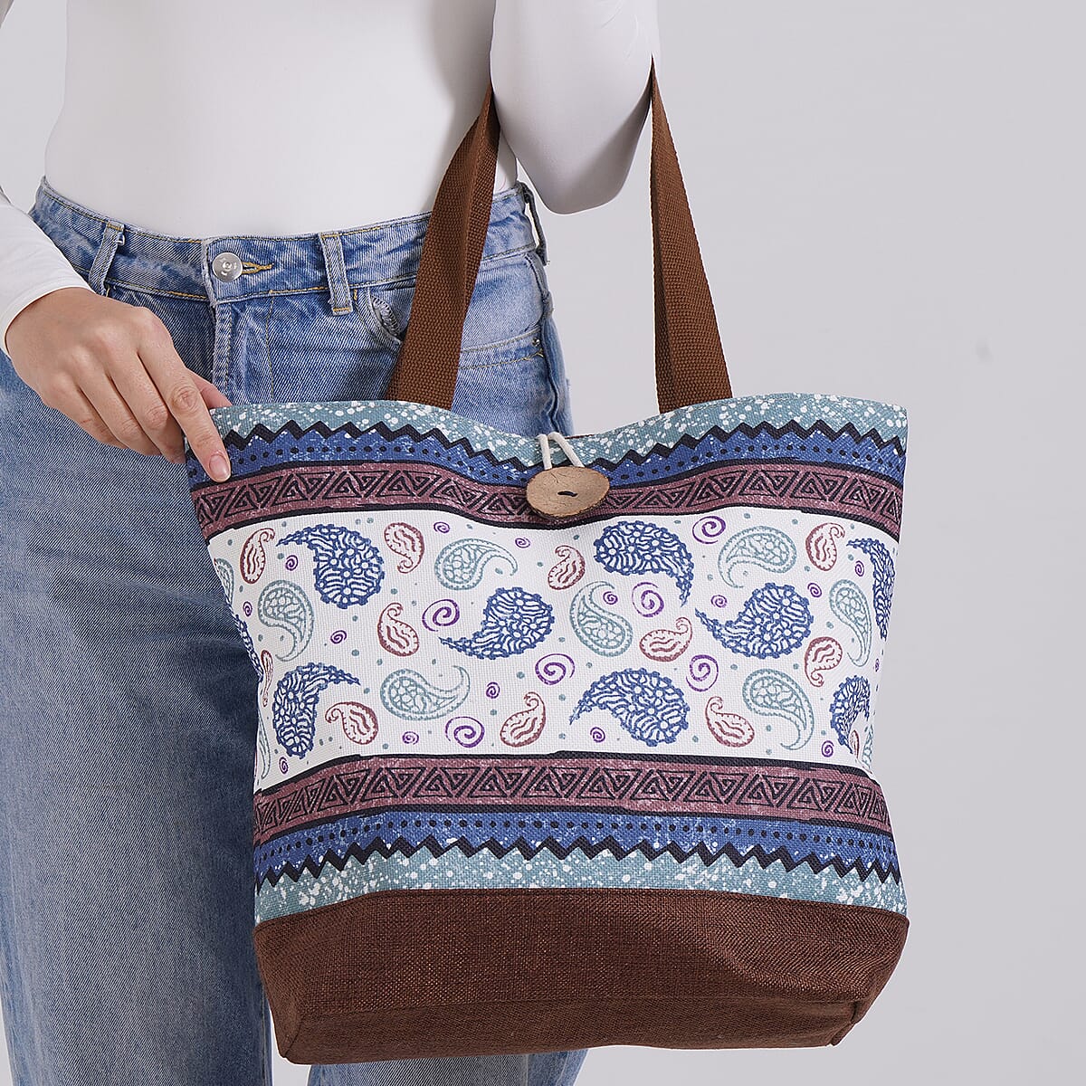 White Paisley Pattern 100% Polyester Tote Bag  image number 2