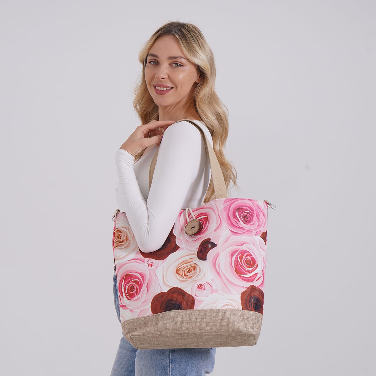 Pink Rose Pattern 100% Polyester Tote Bag image number 1