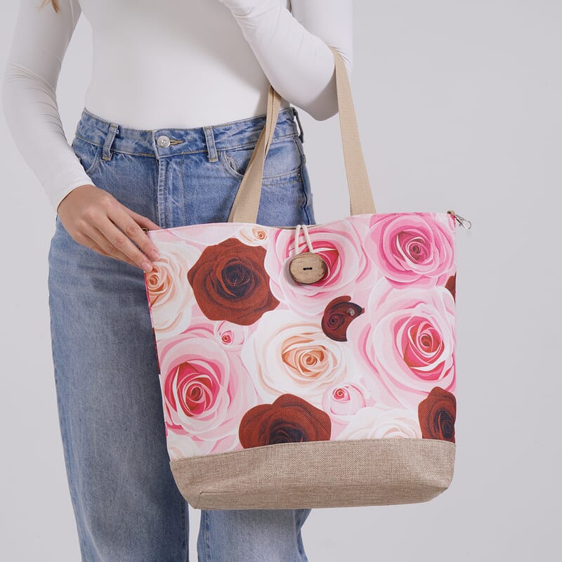 Pink Rose Pattern 100% Polyester Tote Bag