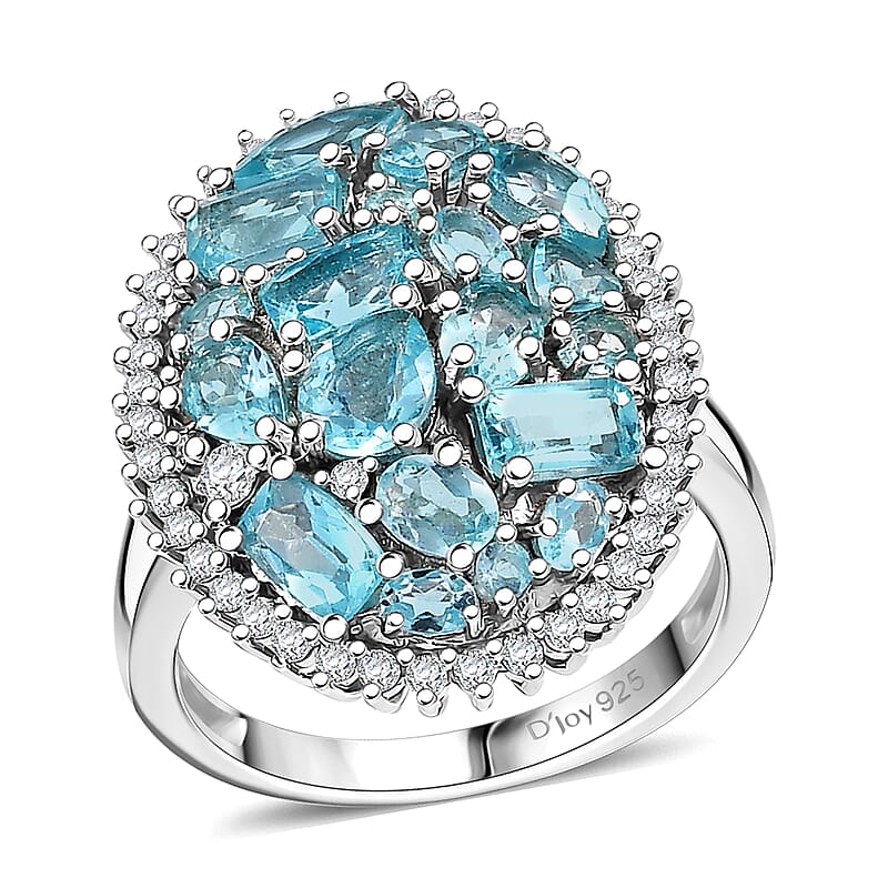 D'Joy Premium Betroka Blue Apatite and Moissanite 3.90 ctw Ring in Rhodium Over Sterling Silver (Size 10.0)